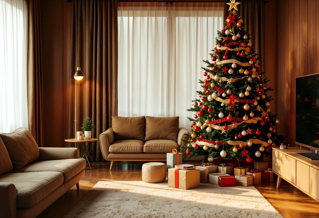 Árvore de Natal Clássica com bolas vermelhas e douradas, fitas largas e ponteira estrela, em sala de estar aconchegante com sofás neutros e cortinas marrons.
