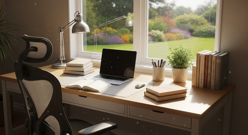 Cadeira de escritório ergonômica preta em frente a uma mesa de madeira clara com notebook e livros