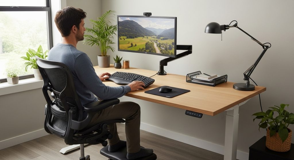 Homem trabalhando em setup de home office ergonômico de alto padrão. Utiliza cadeira com encosto em tela, mesa com ajuste de altura