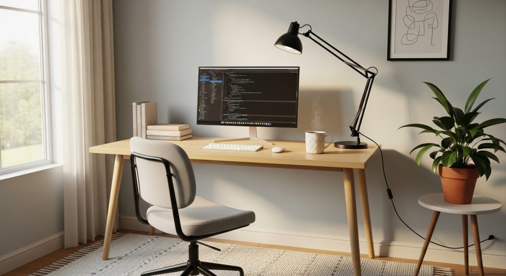 Um ambiente de home office clean e organizado. Sobre uma mesa de madeira clara, há um monitor exibindo linhas de código de programação, um teclado branco, um mouse e uma caneca de café fumegante